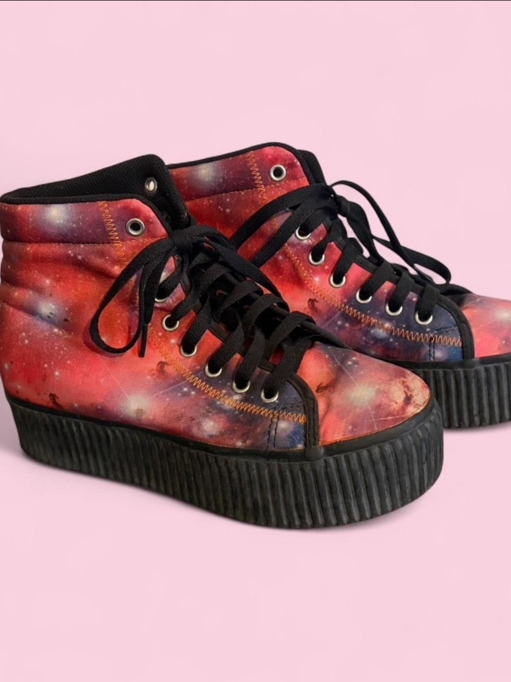 Galaxy Print Platform High-Top Sneakers in Red